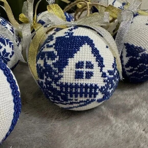 Set of 6 Handcrafted Embroidered Christmas Ornaments–Blue and White Nordic Style - Picture 4 of 13